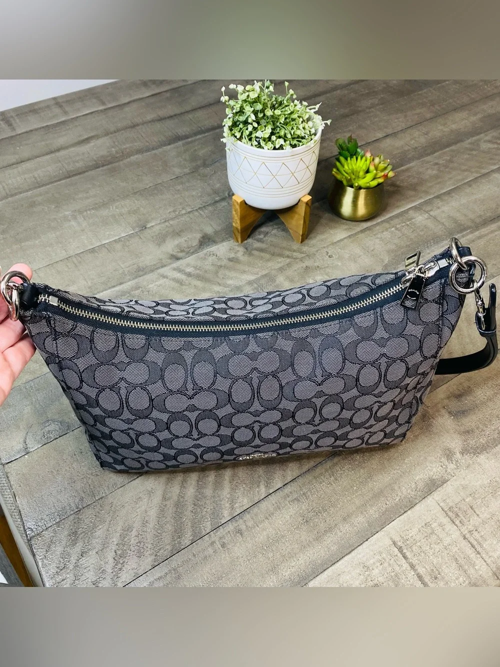 COACH F58284 East/West Celeste Hobo Signature Canvas Bag Black Smoke/Black
